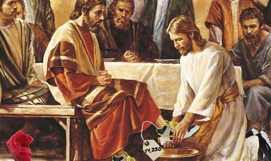 Jesus washing expensive Nike shoes