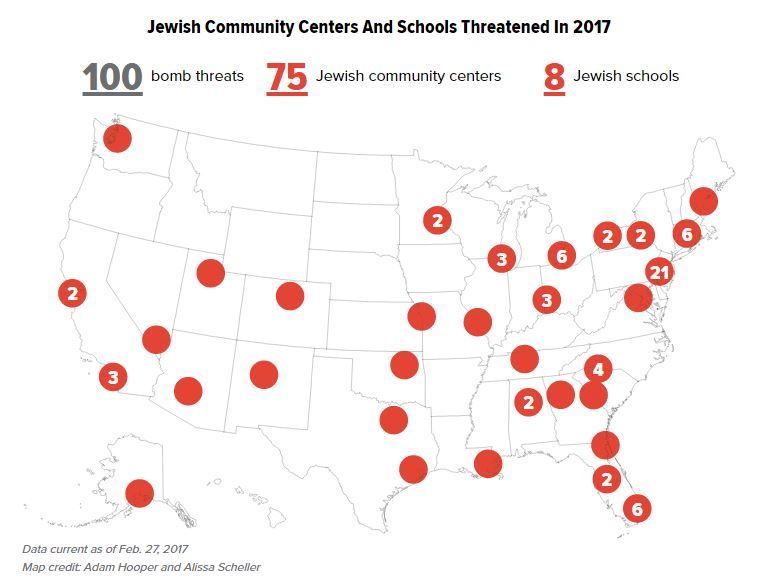 A map of bomb threats against Jewish Community Centers