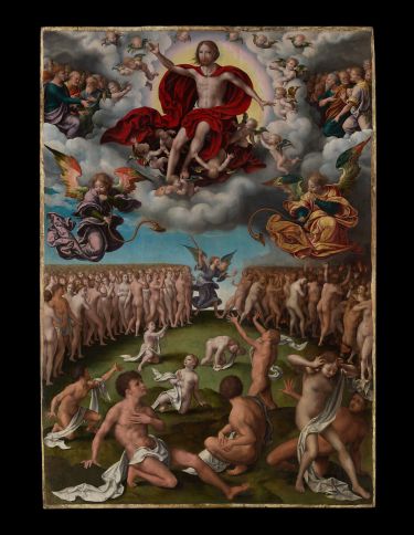 A painting depicts scores of humans standing before Jesus seated on a throne in heaven as they await judgment.