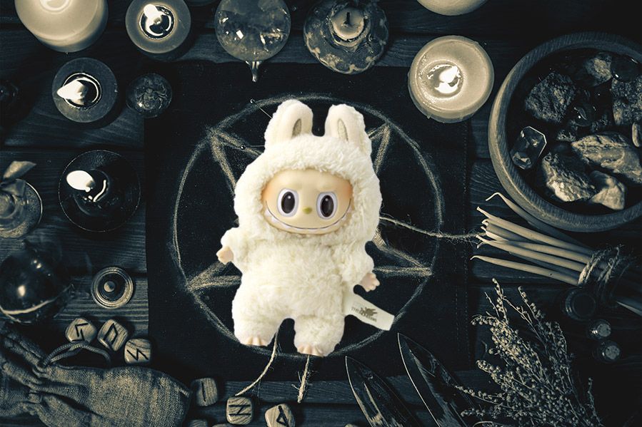 Labubu doll in center of pentagram during occult ritual