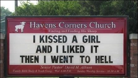 Humorous sign about lesbians going to hell