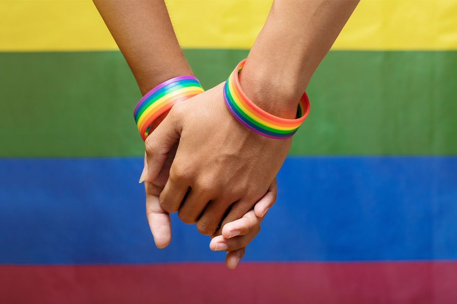 lgbt couple holding hands in front of rainbow flag