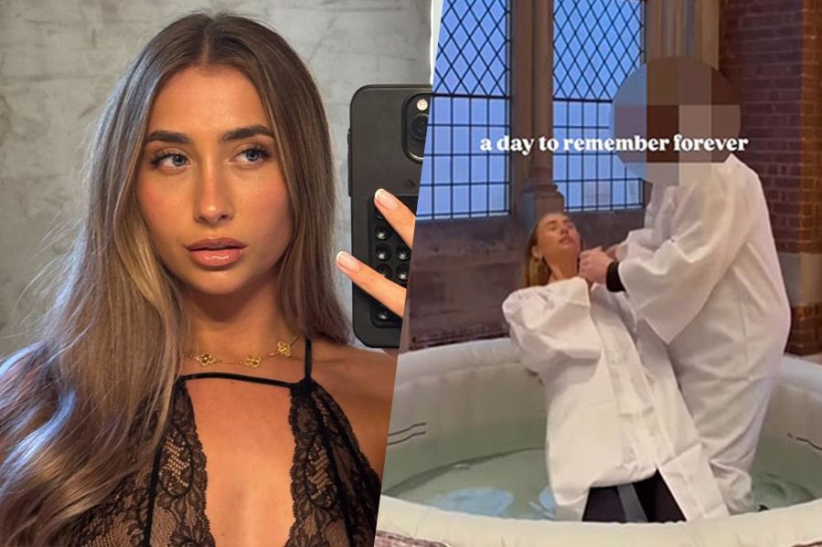 side by side of lily phillips taking selfie and her getting baptized