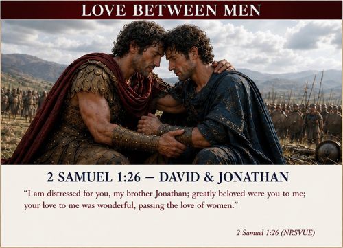 An illustration of two Bible-era men, one wearing armor, embrace one another above the text of a verse from 2 Samuel.