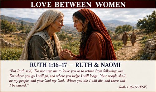 An illustration of two women, one older and one younger, wearing robes and clutching each other's hands. They appear above text from a verse from Ruth.