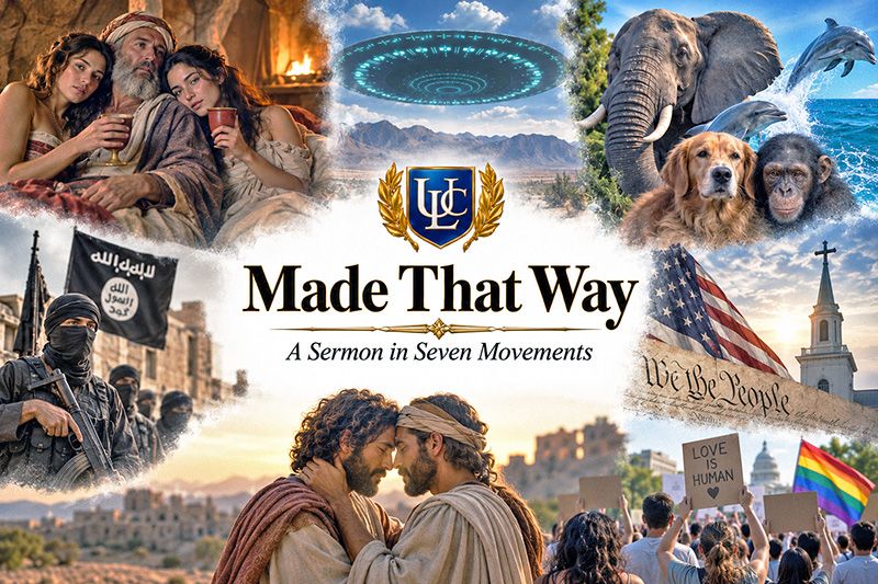 A collage of images including animals, homosexual people, Islamic militants, and UFOs.