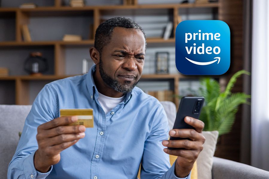 man on phone with credit card, canceling amazon prime video