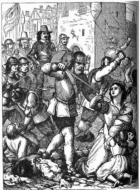 Historical engraving depicting Cromwell's soldiers attacking defenseless civilians during the 1649 massacre at Drogheda, including a woman holding a child.