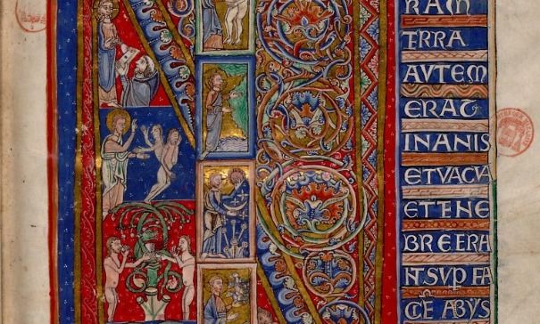 A colorful illustration from the Mazarine bible displays the story of creation.
