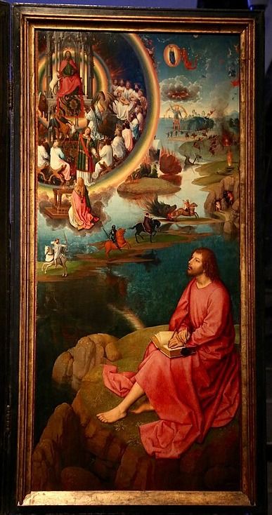 A painting displays John on the island of Patmos in a pink robe envisioning his apocalypse.