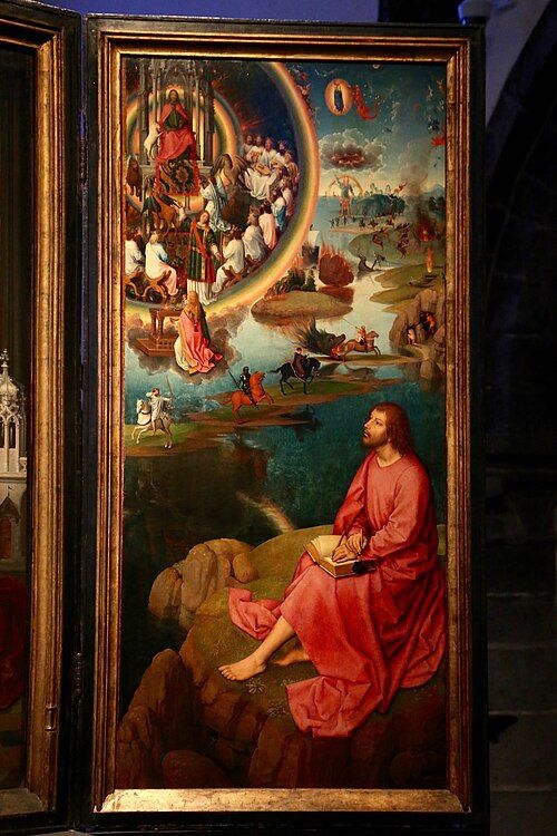 A painting displays John on the island of Patmos in a pink robe envisioning his apocalypse.
