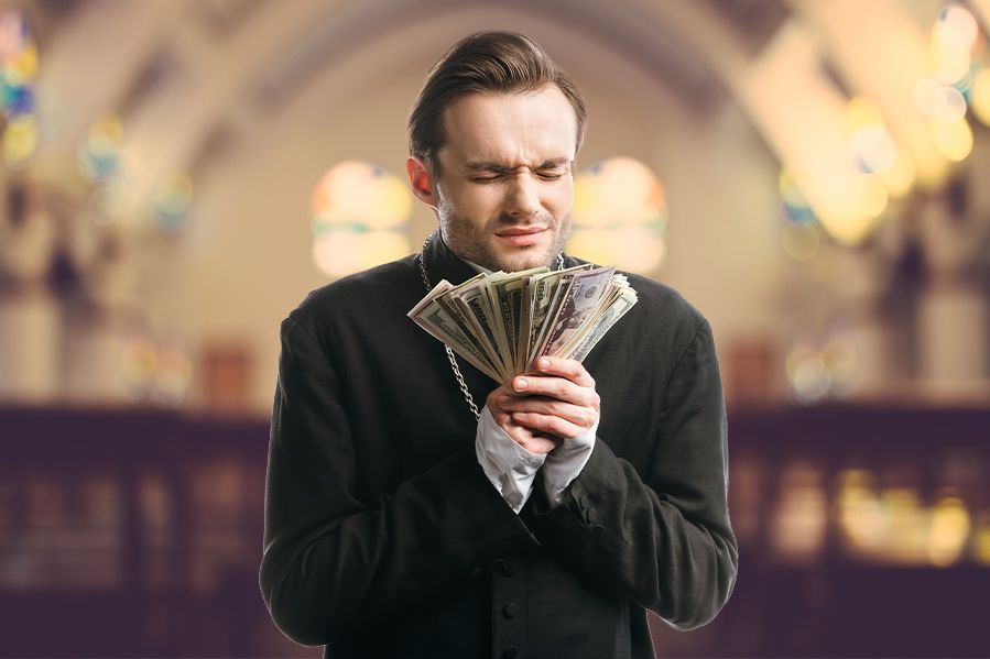 Greedy pastor fanning out hundred dollar bills