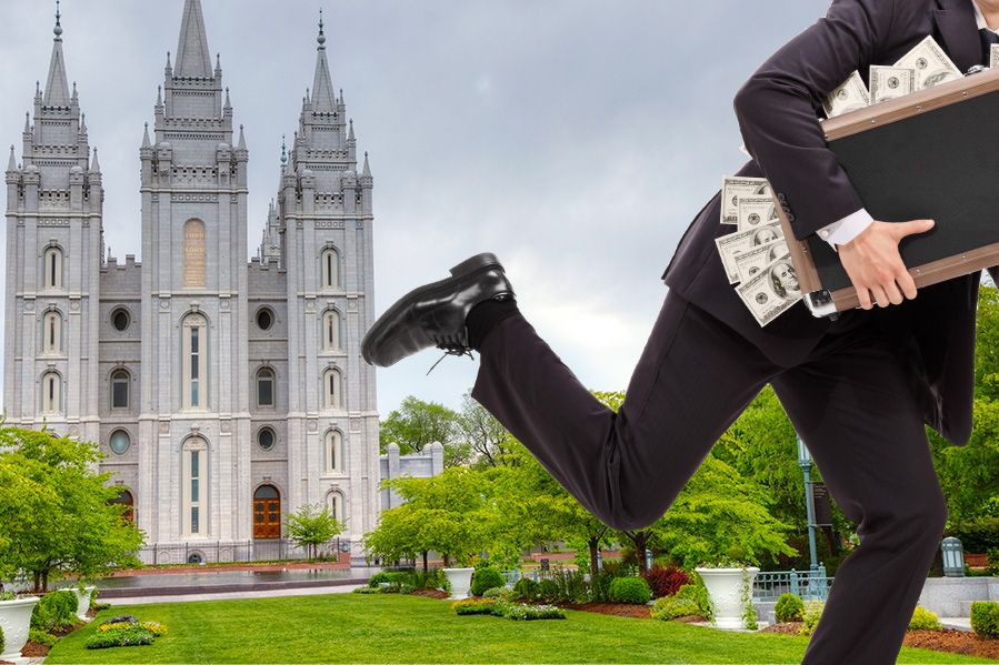 man with bag of cash running away from mormon temple