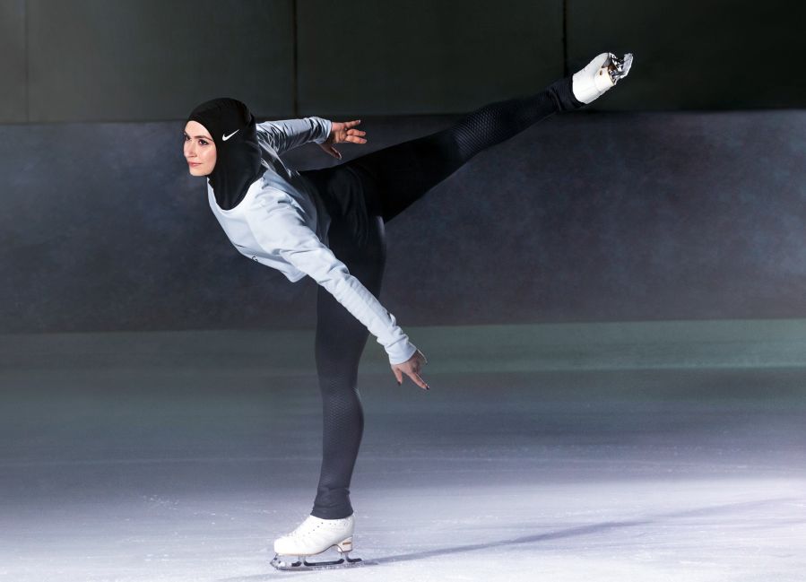 A figure skater wearing Nike's new hijab for Muslim female athletes. The product has drawn both praise and criticism since its announcement. 
