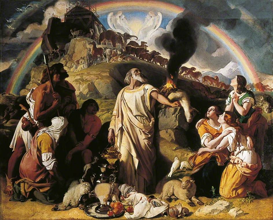 A painting of Noah and his family featuring the ark, the animals, and his family below a rainbow.