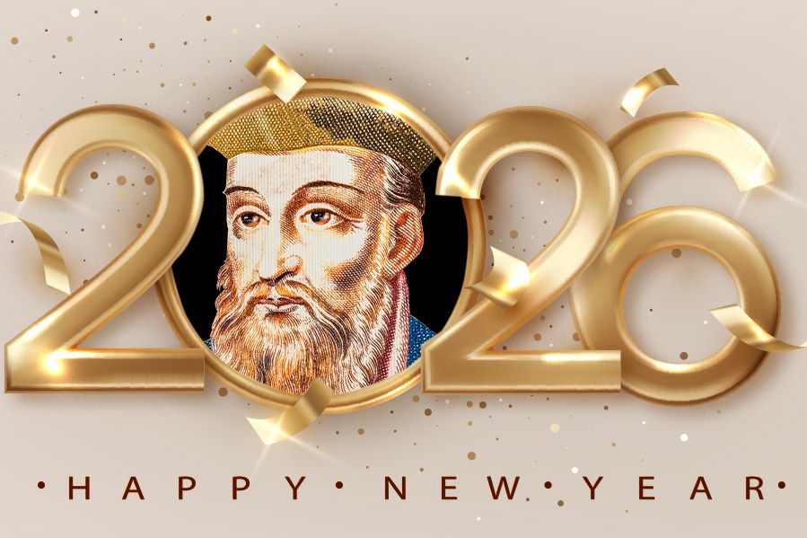Nostradamus' face inside festive 2026 text