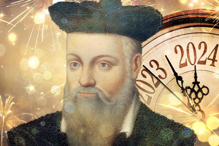 Nostradamus in front of new years even countdown