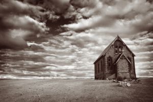 old abandoned church in black and white