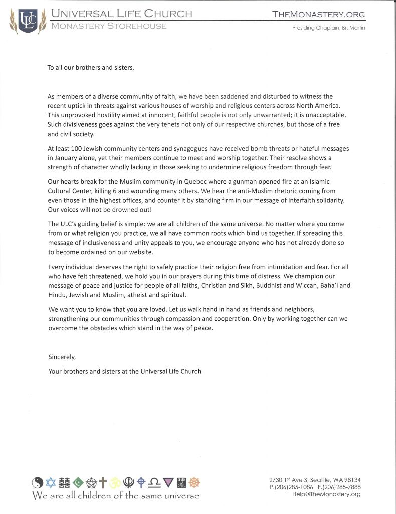 ULC's open letter to faith groups feeling threatened.