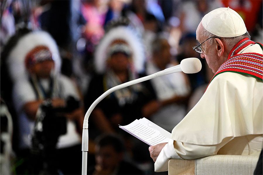 Pope Francis delivering apology to Canadian First Nations for residential schools