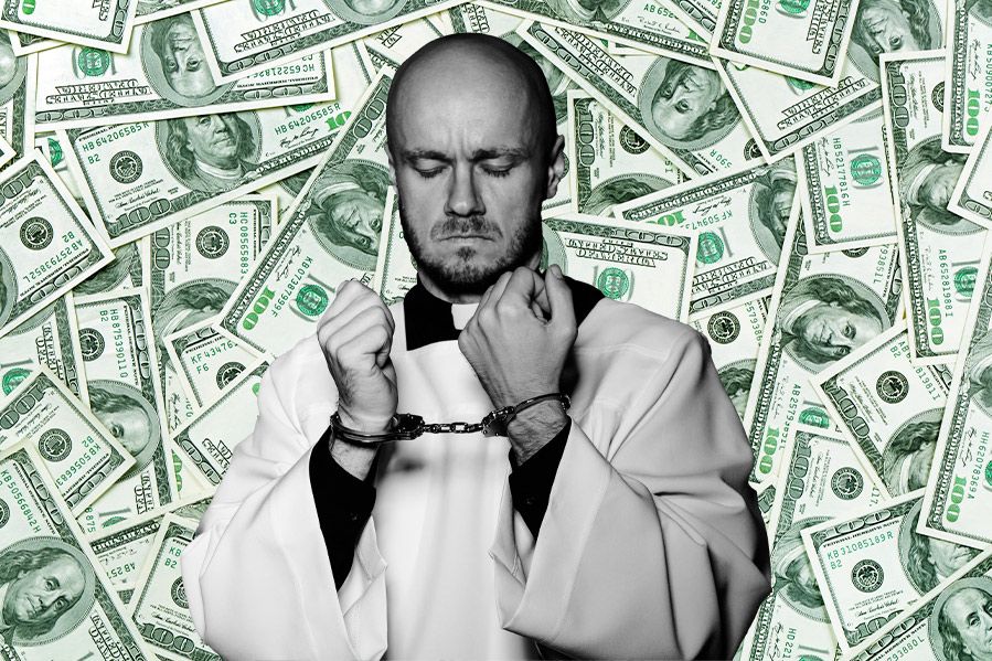 sad black and white pastor in handcuffs in front of pile of cash