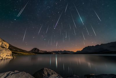 The Perseid meteor shower falling to Earth above a still lake.