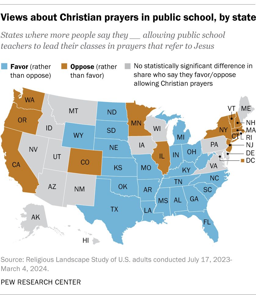 pew research map showing support for prayer in school