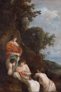 Classical painting depicting Pharaoh's daughter discovering baby Moses in a basket by the river, as described in the Book of Exodus.