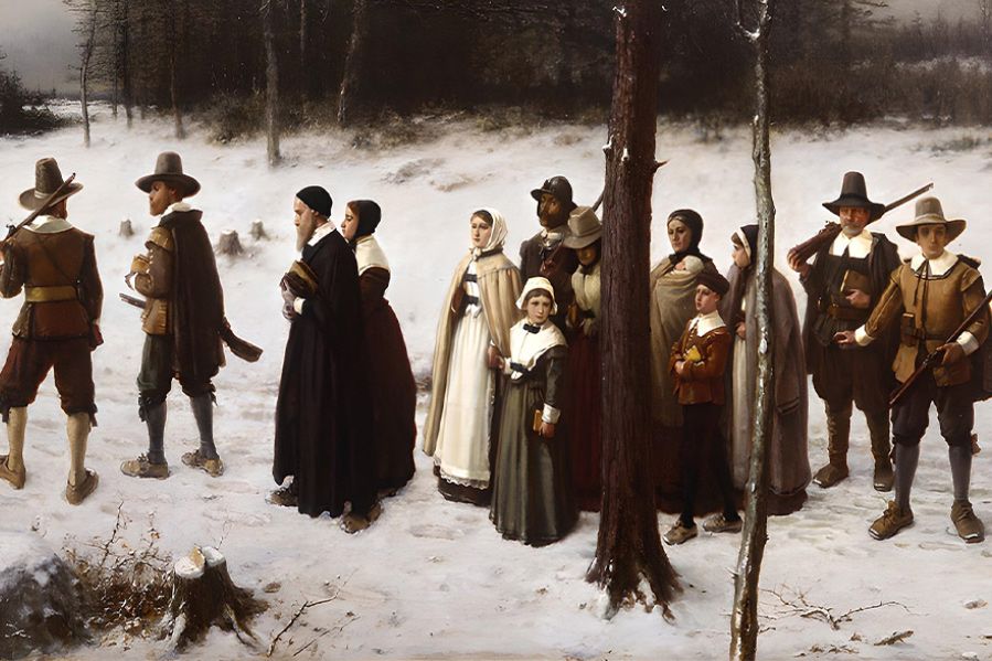 pilgrims going to church painting