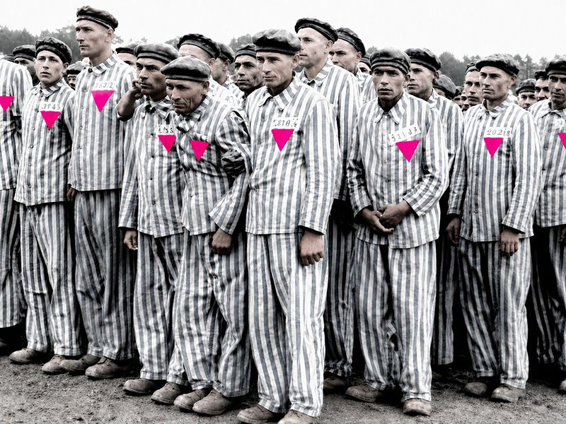 An illustration of WWII prisoners wearing striped uniforms with bright pink triangle embroidery.