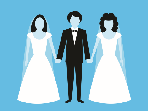 A graphic of a cartoon groom holding hands with two separate brides.