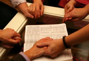 children and adults praying over meal