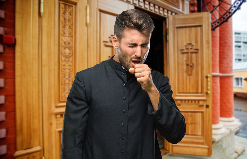 Priest Coughing in Front of Open Church Door