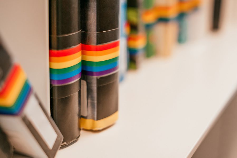 library books with rainbow labels