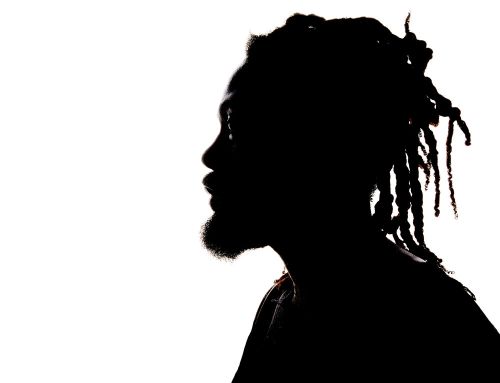 A mostly black-and-white silhouette of a Rastafarian man with dreadlocks