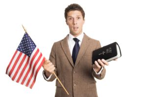 confused man holding holy bible and american flag