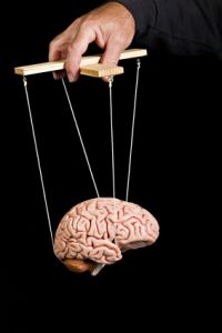 hands holding brain as marionette