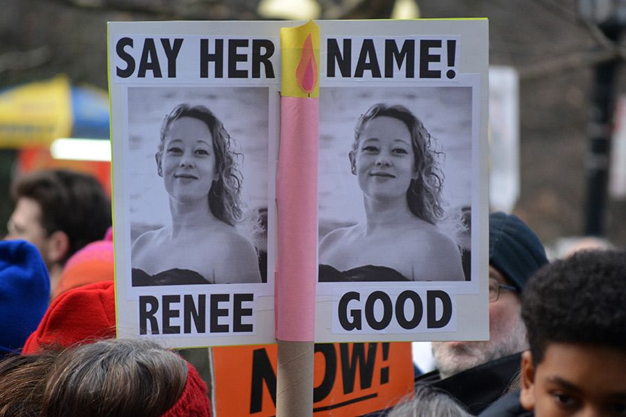 sign memorializing renee good during anti ice protest