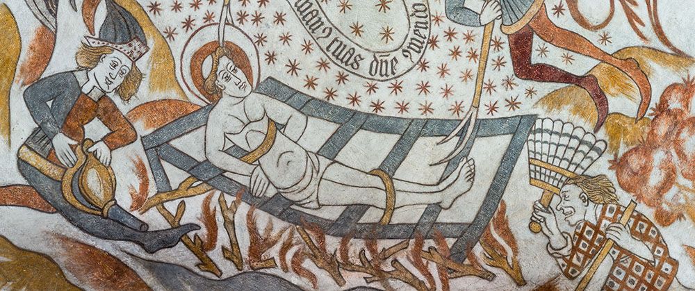 An ancient fresco depicts Saint Lawrence being burned alive on the gridiron for defying the Emperor.