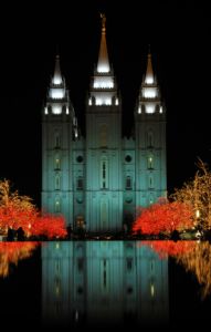 mormon temple in salt lake city lit up at night