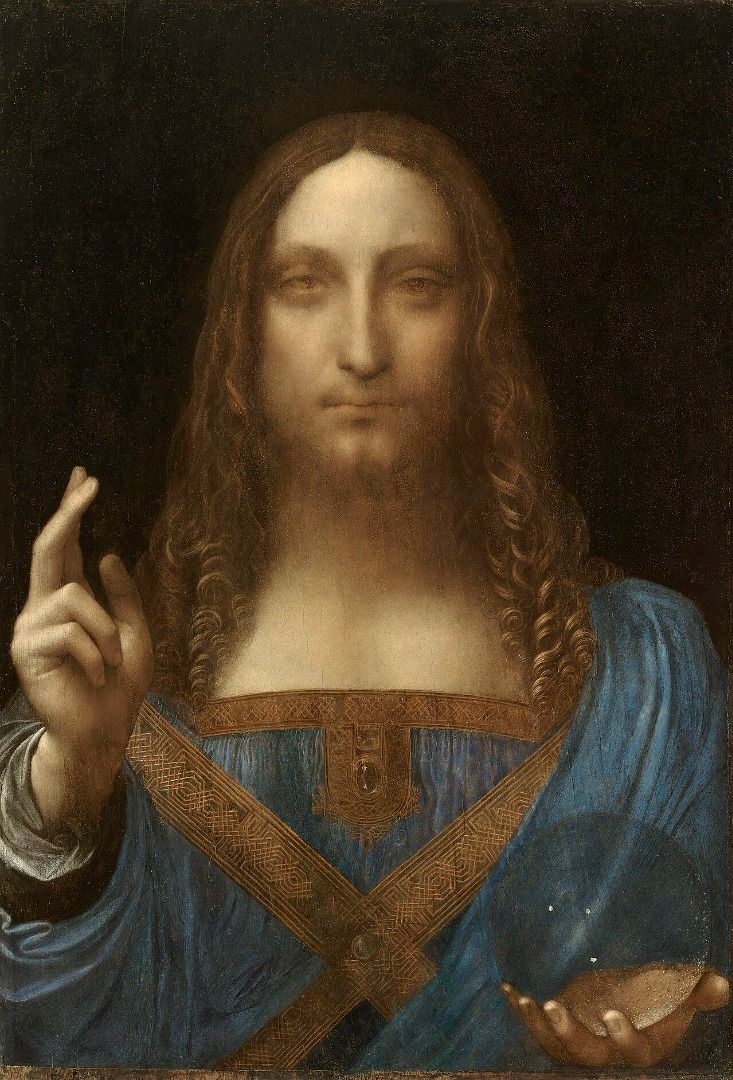 Leonardo's Salvator Mundi depicts Jesus Christ holding a crystal orb and raising his right hand in blessing.