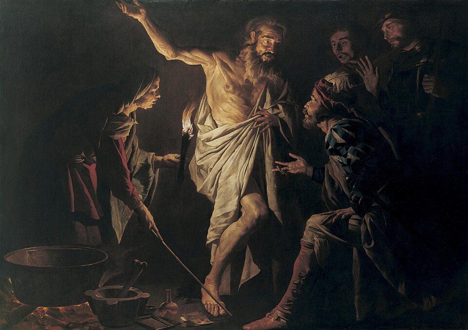 Seventeenth-century painting depicting King Saul consulting the Medium of Endor and the summoned spirit of the prophet Samuel.