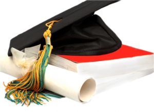 graduation cap, college degree, and textbook