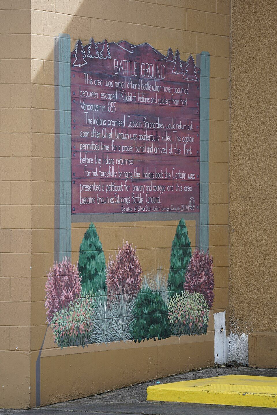 A small mural depicting a written history of the city of Battle Ground, WA