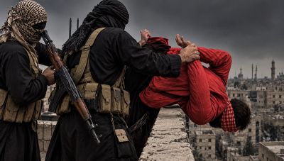 An image of a young man in a red sweater being thrown from a rooftop by two masked militants.