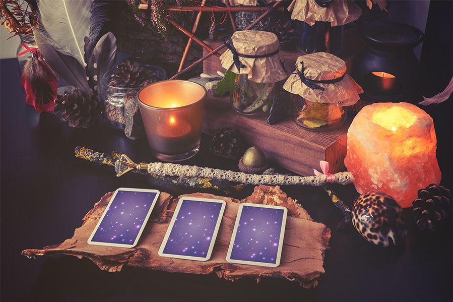 tarot cards and pagan materials in a shop