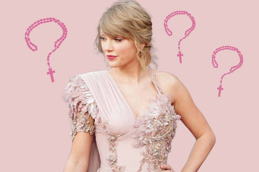 Taylor Swift surrounded by rosaries formed into question marks