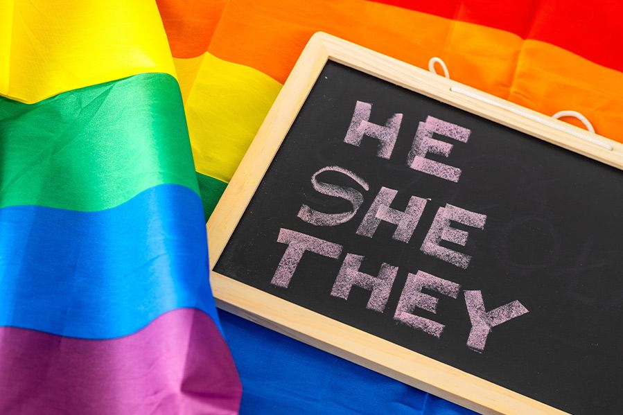 school chalk board with he she they written on it laying atop lgbt flag