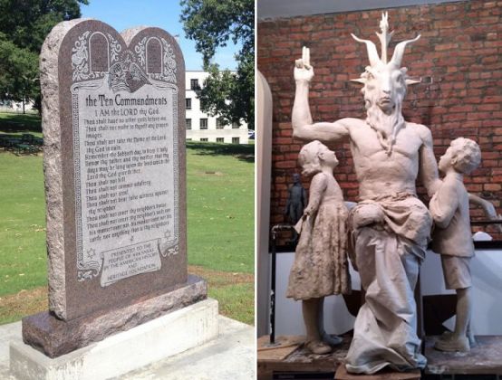 Ten Commandments next to a Satanic statue