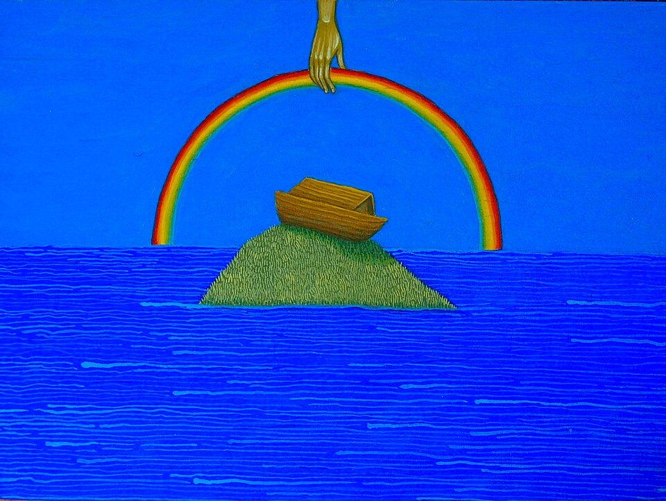 A painting featuring a hand from heaven placing a rainbow above Noah's ark on Mt. Ararat